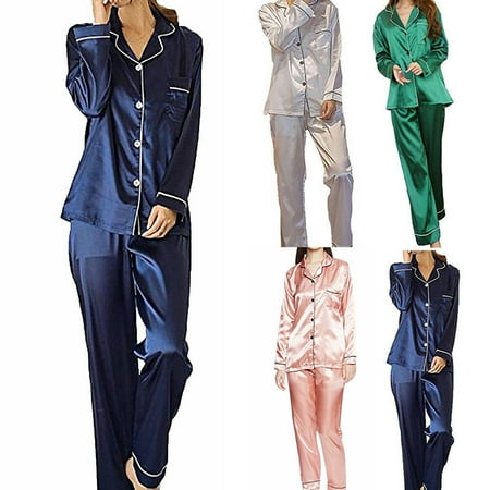 Long Sleeve Pajamas Pjs Multitrust Ladies Satin Silk Pyjama Set Silky Summer Lounge wear Pajamas long sleeve pjs ()