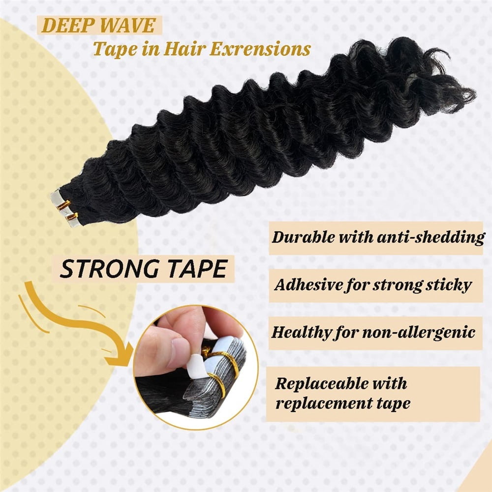 Tape In Real Human Hair Extensions 16-26 Inch Long Deep Wave Seamless Skin Weft Invisible Tape In Hair Extensions Natural Black Remy Human Hair