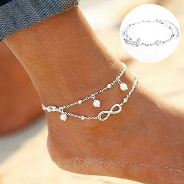 Tcwhniev Women Ankle Bracelet Silver Plating Anklet Foot Chain Boho Beach Beads(3Pcs)