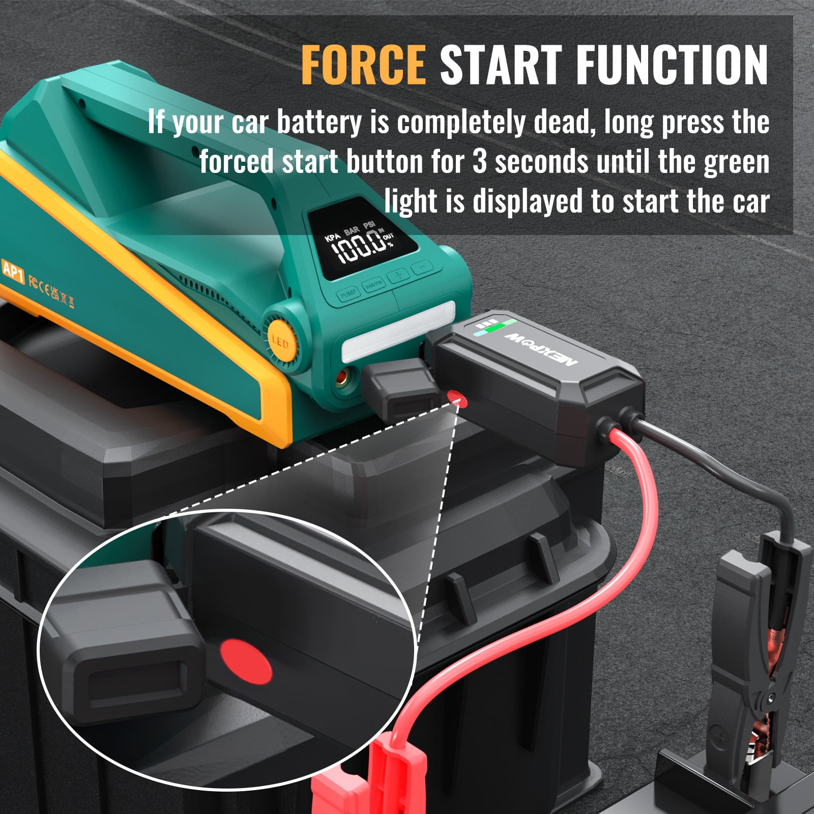 NEXPOW Jump Starter with Air Compressor, 4000A Car Battery Jump Starter, 150PSI Portable Tire Inflator, 12V Jump Box Battery Booster(All Gas/10L Diesel Engine), Green