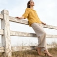 thumbnail image 5 of CIENVNSTG Two Piece Sets for Women Summer Casual 3/4 Sleeve Embroidered Tops Capri Pant Cotton Linen Lounge Set with Pockets Matching Sets Yellow M-2, 5 of 6