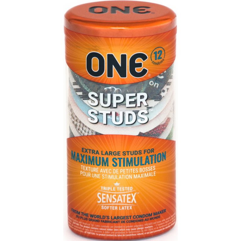 ONE Super Studs + Brass Lunamax Pocket Case, Ribbed Studded Lubricated Latex Condoms-12 Count (Retail)