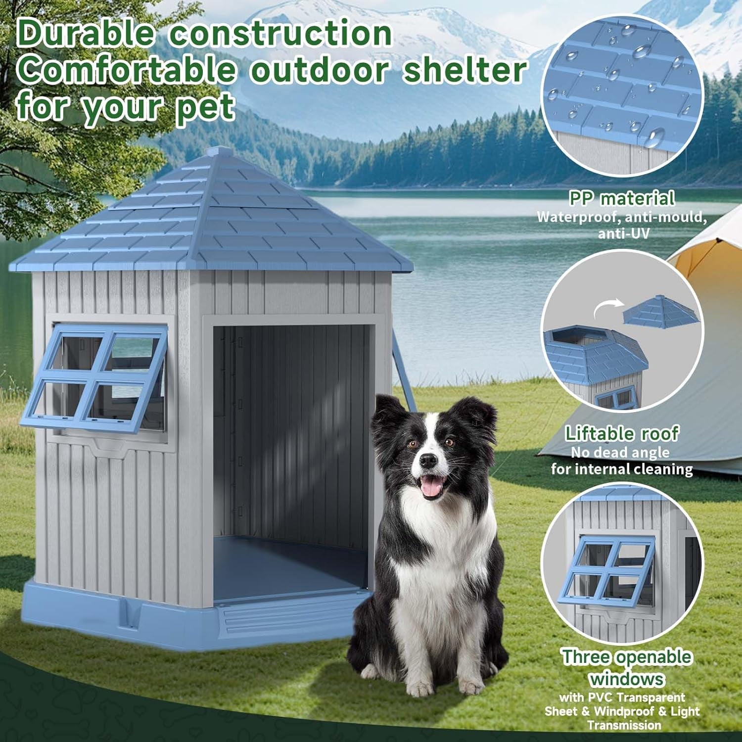 DRATO Dog House Indoor Outdoor Durable Large Dog Shelter with Outside Dog Kennel with Window and Elevated Floor for Small Medium Dogs (Blue, 34.8 * 30.51 * 36.89)