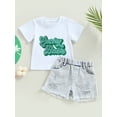 thumbnail image 3 of Toddler Baby St. Patrick's Day Clothes Girl Boy Green Letters Cotton T-Shirt Tops Denim Ripped Shorts Outfit 0-4T (White,12-18 Months), 3 of 7