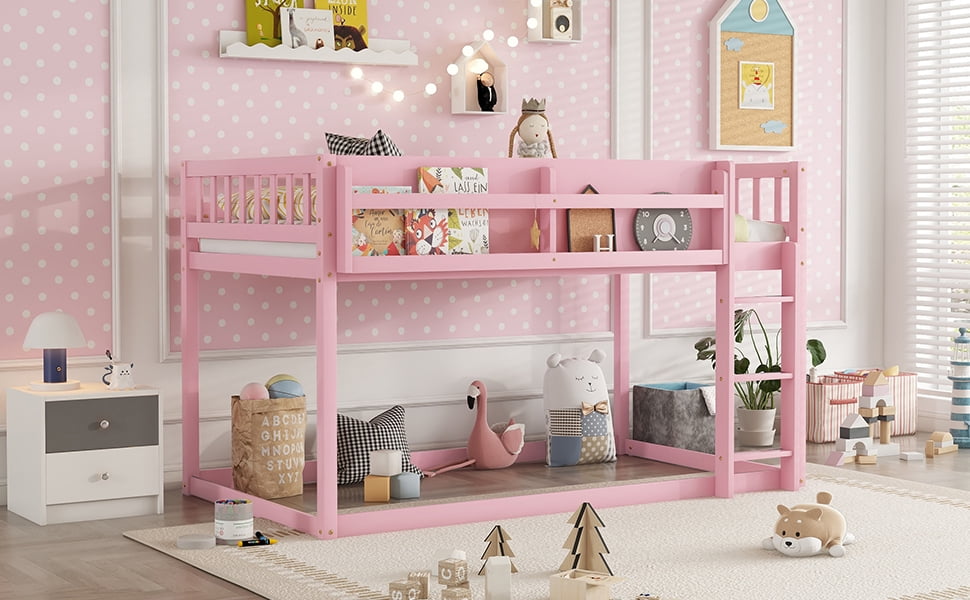 HOQBN Bunk Bed Twin Over Twin,Solid Wood Low Floor Bunk Bed with Ladder,Pink