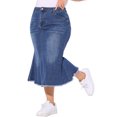 thumbnail image 4 of Falda de mezclilla midi casual de cintura alta con dobladillo crudo y abertura frontal para mujeres de tallas grandes Agnes Orinda, para el Día de la Madre, 1X azul, 4 of 7