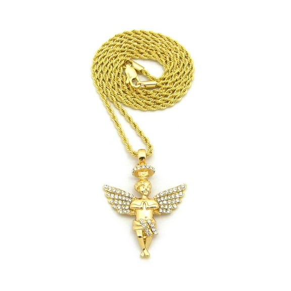 Stone Stud Wing Halo Praying Angel Pendant with Chain Necklace - 3mm 18" Gold-Tone Rope Chain