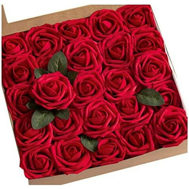 XmhyTop Flores artificiales rosas 25 piezas rosas verdaderas y falsas con tallo, muy adecuadas para hacer ramos de boda, festivales en el hogar, la decoración más perfecta (rojo oscuro)