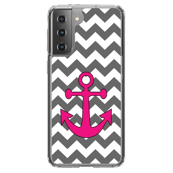 DistinctInk Clear Shockproof Hybrid Case for Galaxy S21+ PLUS 5G (6.7" Screen) - TPU Bumper, Acrylic Back, Tempered Glass Screen Protector - Grey White Pink Chevron Anchor - Nautical Anchor Design