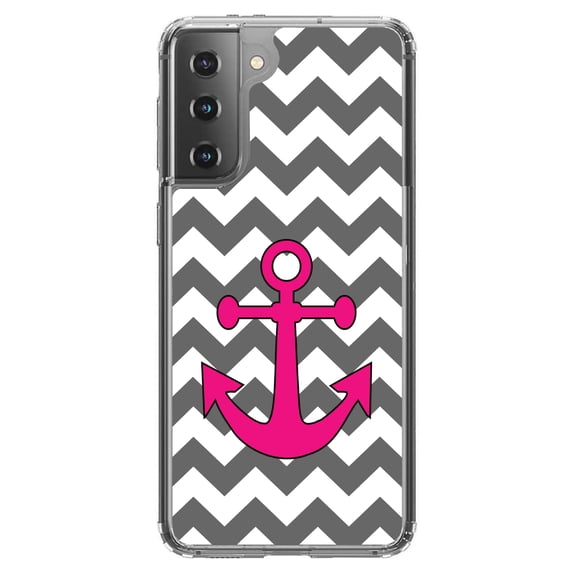 DistinctInk Clear Shockproof Hybrid Case for Galaxy S21 5G (6.2" Screen) - TPU Bumper, Acrylic Back, Tempered Glass Screen Protector - Grey White Pink Chevron Anchor - Nautical Anchor Design