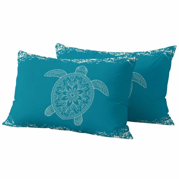 Turtle Turquoise Outdoor Waterproof Pillow Covers, Coastal Ocean Boho Flower Retro Mottled Decorative Rectangle Throw Pillowcase Sofa Cushion Sham for Patio/Couch/Chair, 20"x12" 2 Pack
