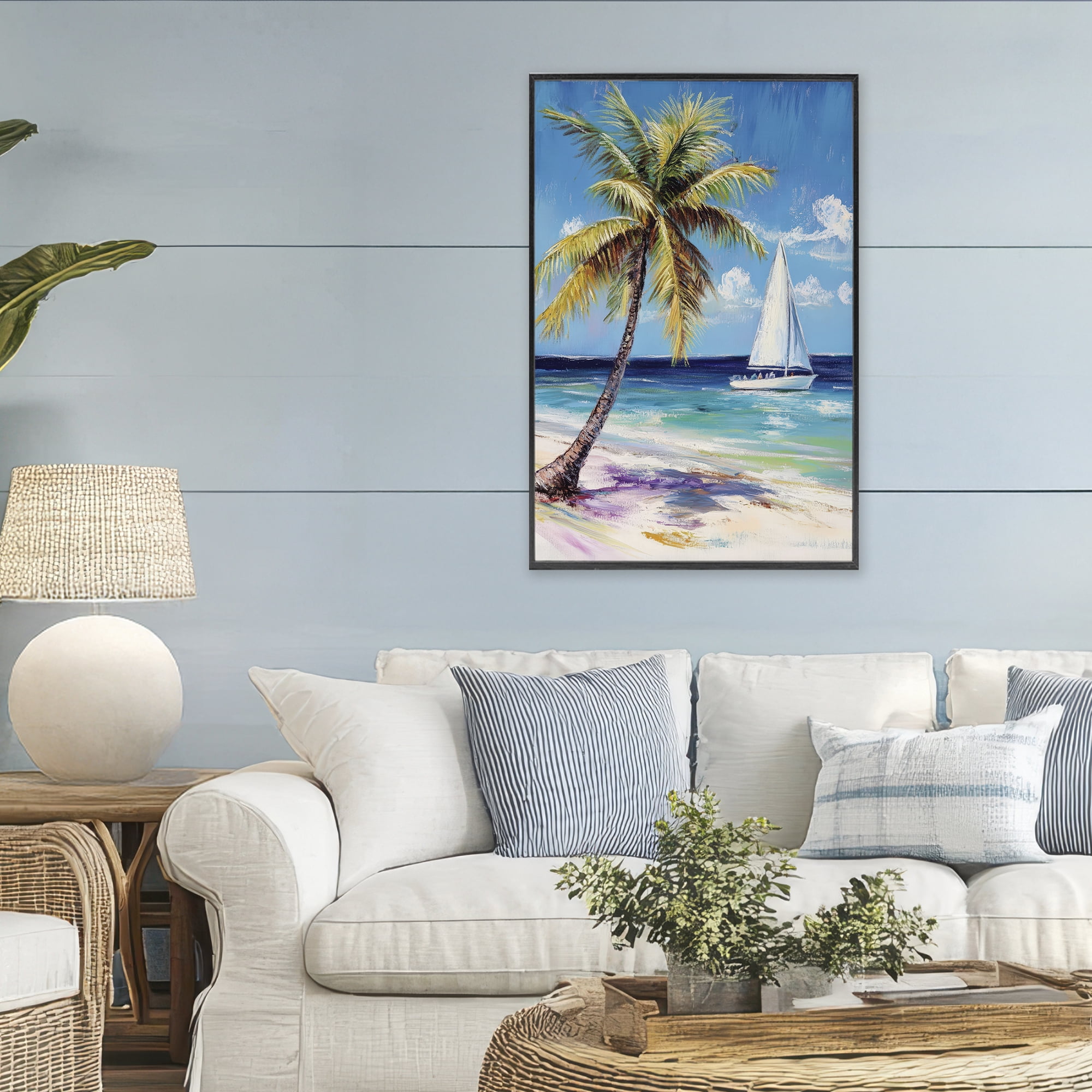 Stupell Industries Sailboat Delight with Palm Tree Black Framed Giclee Art, design by Petal Prints Design