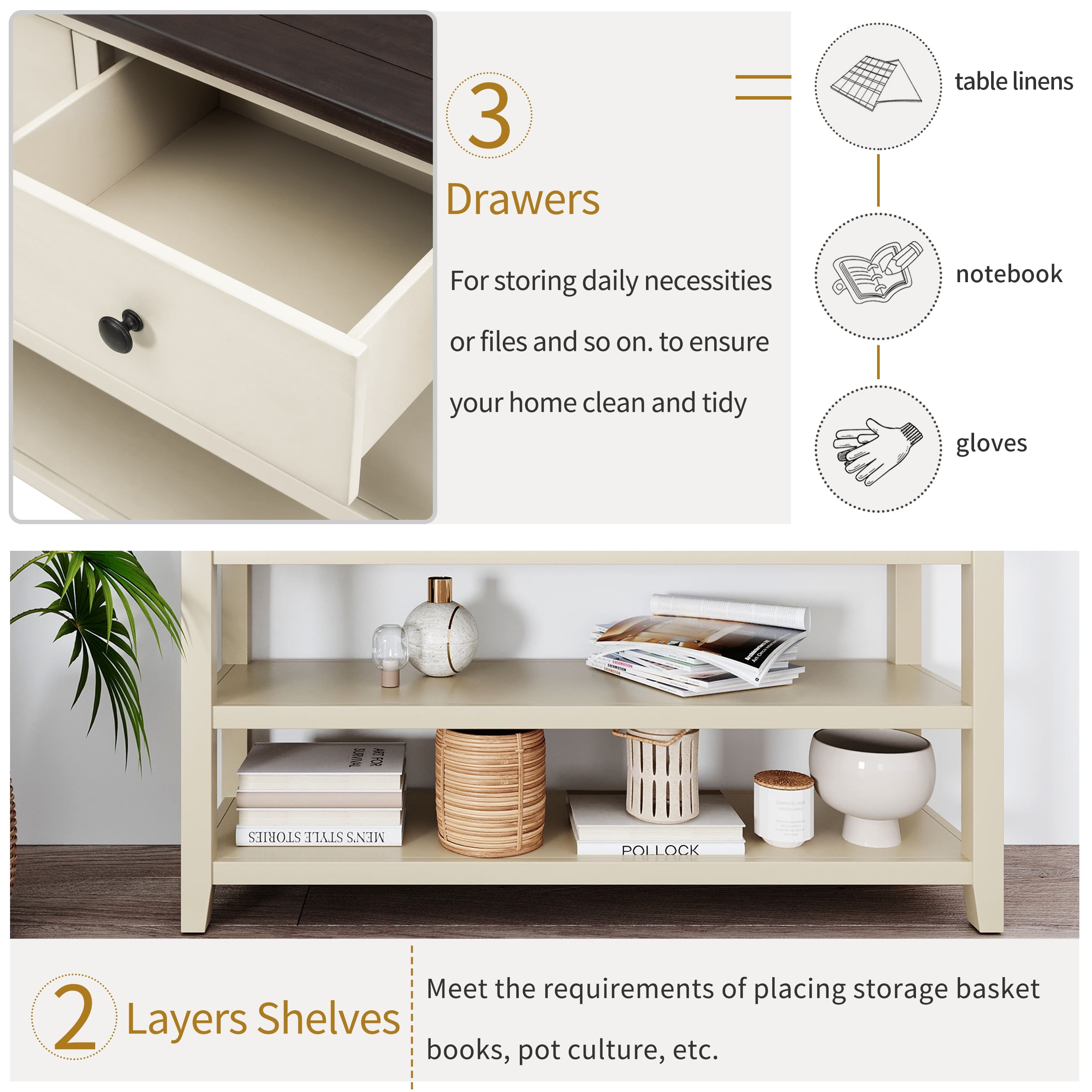 Harper & Bright Designs Retro Console Table with Storage Drawers and Two Open Shelves, Solid Wood Rustic Sofa Table for Entryway Living Room, Beige, Espresso
