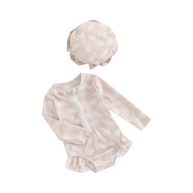 SUNSIOM Maillot de Bain 2 Pcs pour Bébé Fille, Col Rond Imprimé Floral Fermeture Éclair devant Manches Longues + Bonnet de Bain Nœud 3D