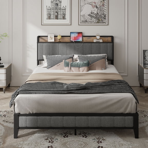 Queen Size Bed Frame with Built-in Charging Station and Upholstered Headboard
