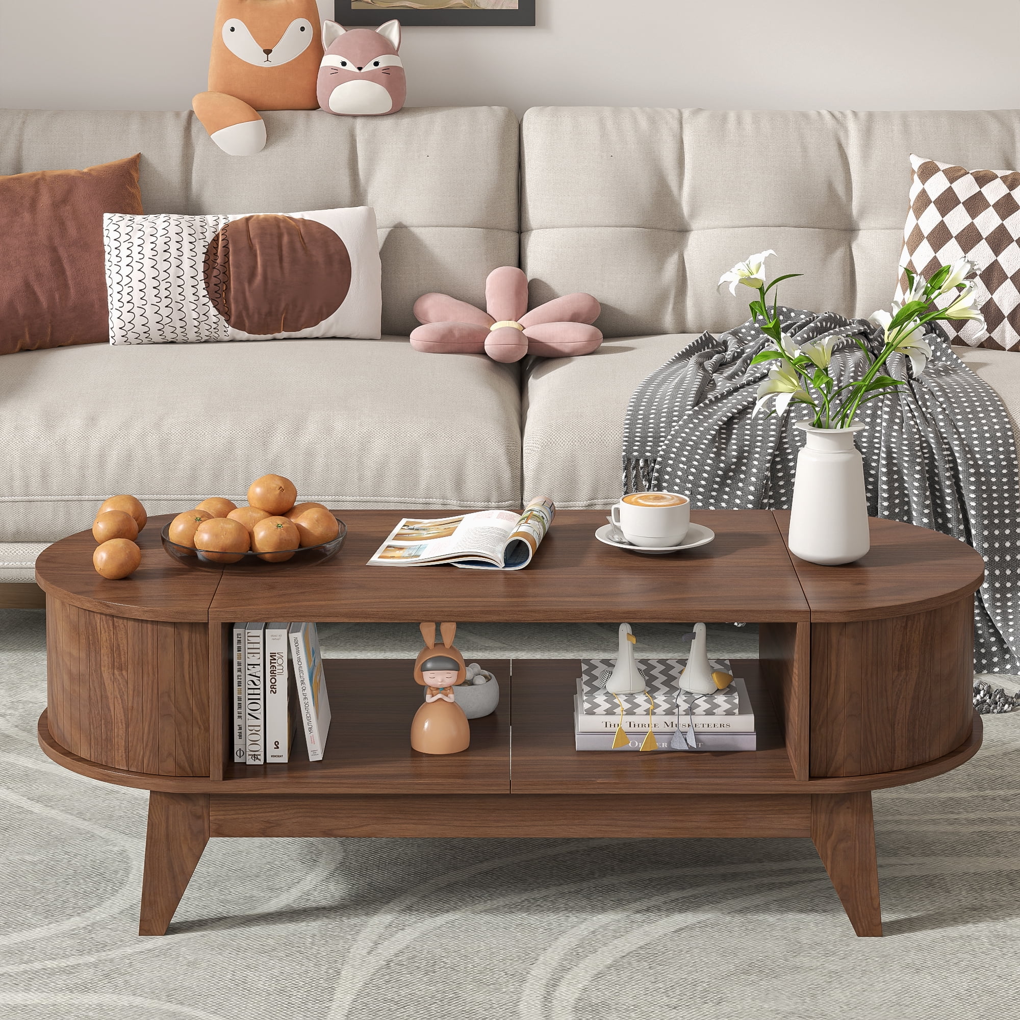 Fluted Coffee Table with Storage, Modern Coffee Tables, Wood Accent Center Table, Walnut