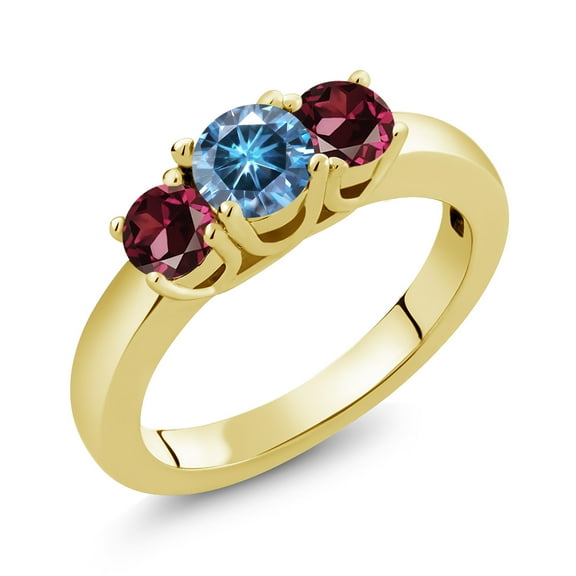 Gem Stone King 18K Yellow Gold Plated Silver 3-Stone Ring Round Persian Blue Moissanite and Rhodolite Garnet Red (1.24 Cttw, Size 5)