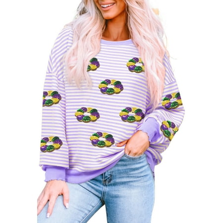 Festive Long Sleeve Tee with Striped Design and Sequin Doughnut Print - [ZhiHiMeRi] | (US 16-18)XL