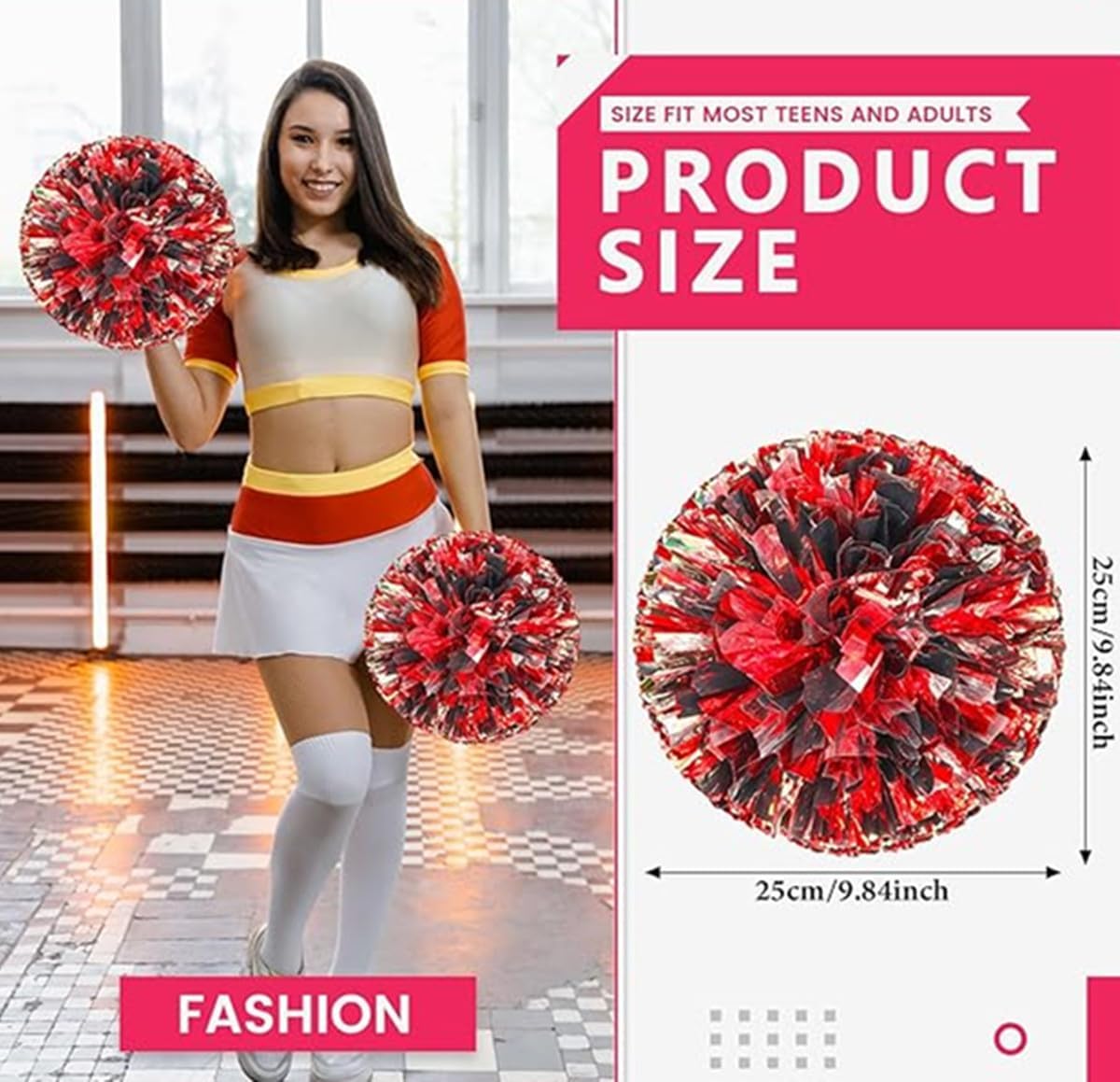 EONQY 8 Pcs Cheerleading Pom Poms Cheerleader Squad Spirited Fun Pompoms 10 Inch Metallic Foil Cheer Pom Poms with Handle Flowers for Sport Team Dance Party