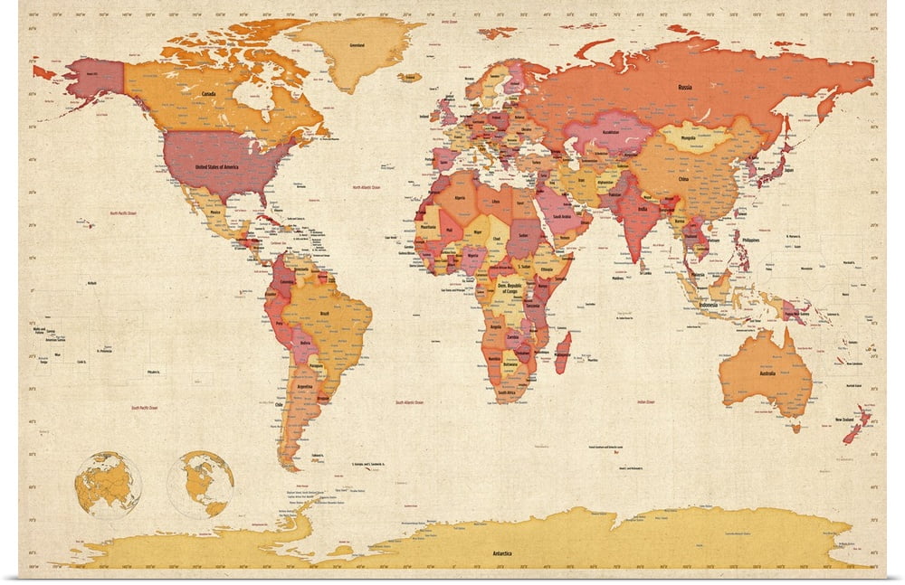 great big canvas world map showing latitude and longitude orange