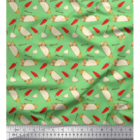 Soimoi Green Cotton Duck Fabric Red Chilli & Tacos Food Printed Fabric 1 Yard 42 Inch Wide