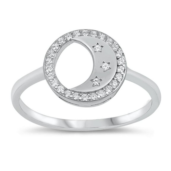 Open Moon Star Halo Ring Clear Cubic Zirconia .925 Sterling Silver Band White Jewelry Female Size 10