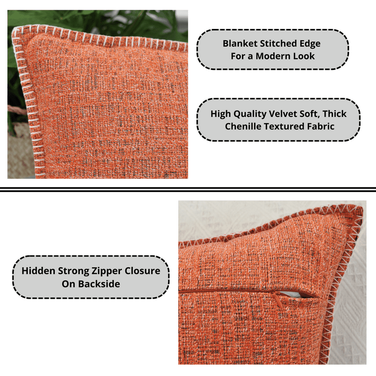 Soft Textured Lumbar Pillow Covers 12 x 20 inches Coral Orange Set of 2  |Decorative Stitched Edge Chenille Cushion Covers | Modern Accent Small  Pillow