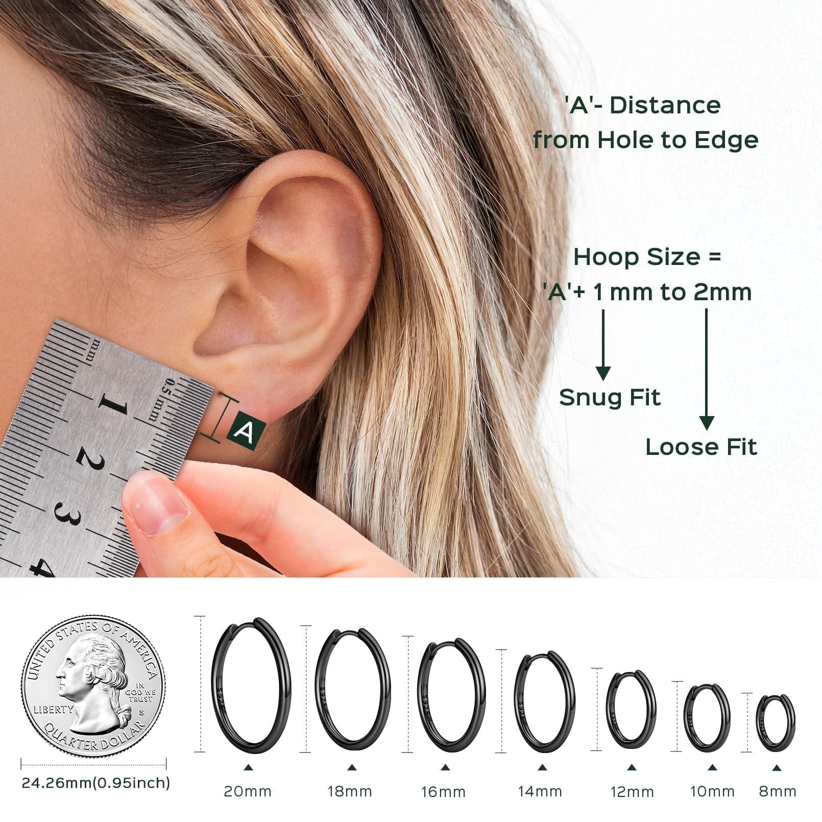 ChicSilver 20MM Black Hoop Earrings for Women Sterling Silver Huggie Earrings for Women Dainty Hoop Earring