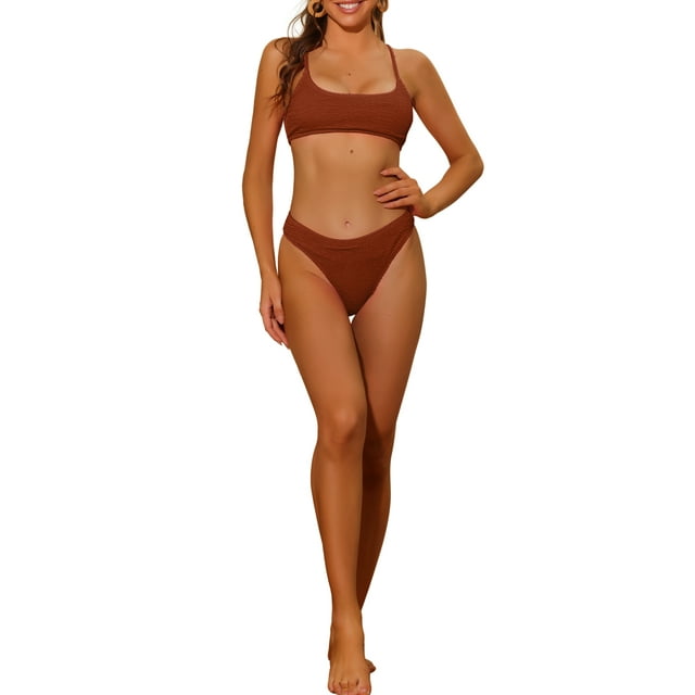 Women's 2 Piece Ribbed Bikini Sets, Adjustable Spaghetti Straps Sports Swimwear Bathing Suits Brown S