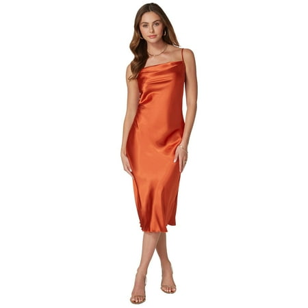 Women's bebe Satin Midi Slip Dress Color: Rust Size: SMALL