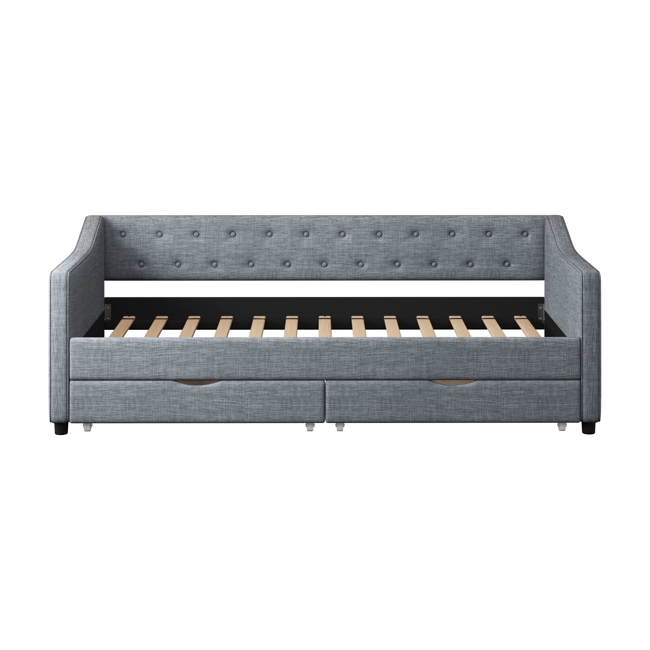 Noble House Mabel Twin Daybed with Storage Drawers, Tufted Upholstered Linen Sofa Bed, Curved Piped Arms, Light Grey