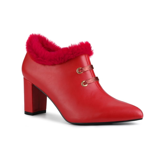 BLISSFUL STEP Women's Faux Fur Buckle Block Heel Ankle Boot Red 7