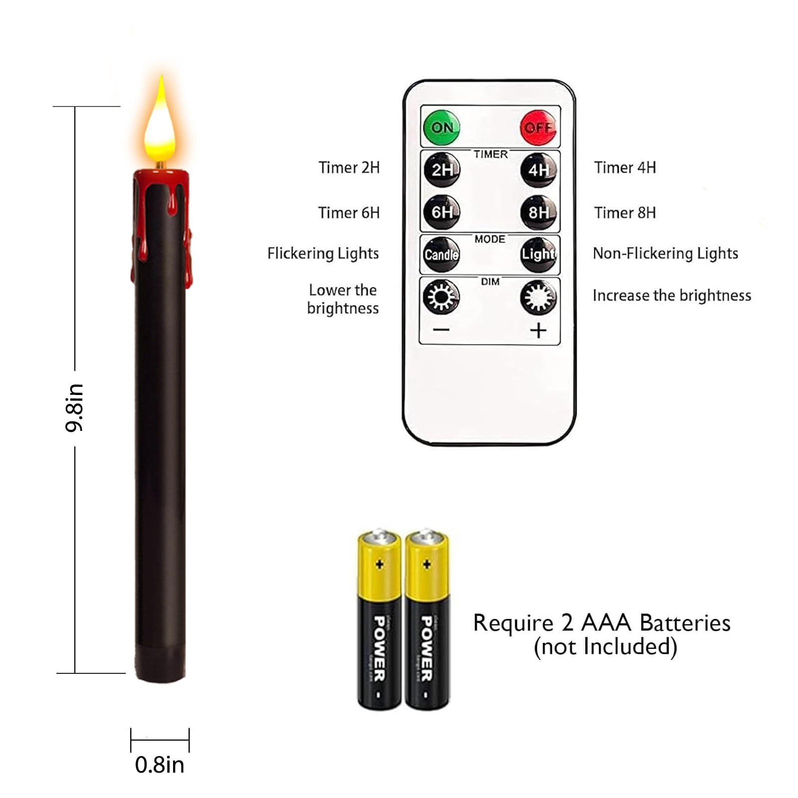 Black Flameless Candles, 6 Pcs 9.8" Flickering Halloween Taper Candles with Remote & Timer, Dimmable LED Candles Battery Operated, Electric Candle Sticks for Party Halloween Decor