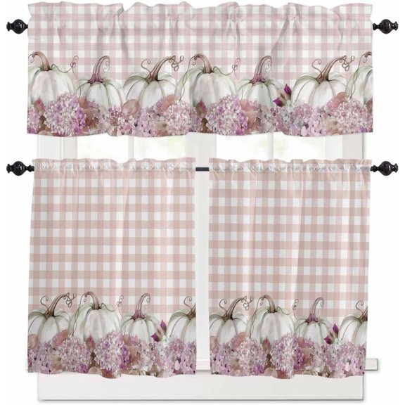 Fall White Pumpkin Kitchen Curtains and Valances Set, Rod Pocket Curtains Tier Farmhouse Window Curtains 36 Inch Length, Thanksgiving Pink Cute Flowers Plaid 3 Piece Kitchen Curtains Set