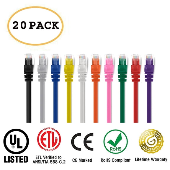 Huetron™ 20-Pack Cat 6 Ethernet Cable Cat6 Snagless Patch 4 Feet - Computer LAN Network Cord, MULTI-COLOR
