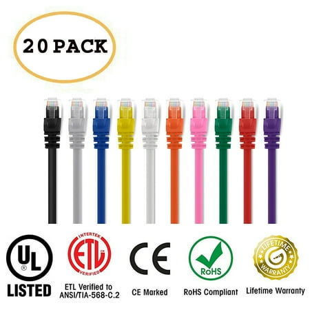 Huetron™ 20-Pack Cat 6 Ethernet Cable Cat6 Snagless Patch 9 Feet - Computer LAN Network Cord, MULTI-COLOR