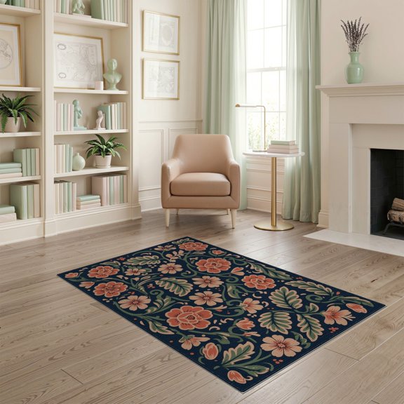 ODIKA 4'x6' Blue Coral Floral Midnight Blush Washable Area Rug Elegant Botanical Pattern with Vintage Charm Non-Slip, Chair-Friendly, Flatwoven for Home Office, Under Desk