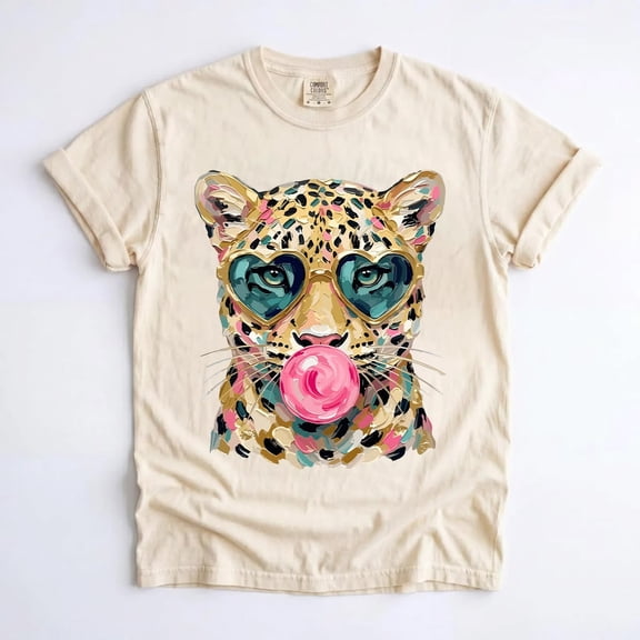 Leopard Bubblegum Sunglasses T-Shirt, Retro Animal Print Wildcat Graphic Tee