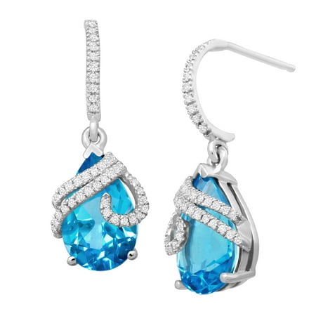 6 ct Natural Swiss Blue Topaz & 1/5 ct Diamond Drop Earrings in 10kt White Gold