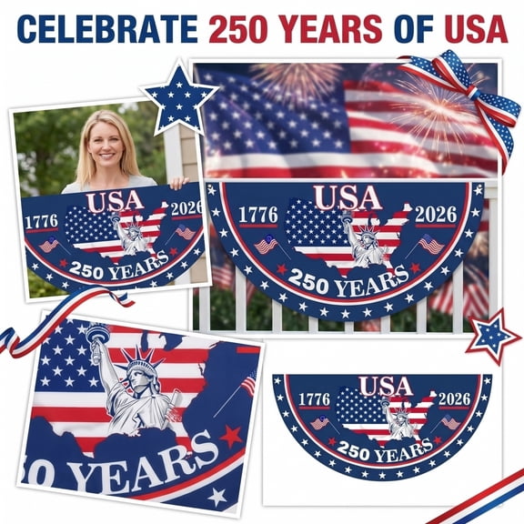250th Anniversary USA Flag, 1.5X3 FT 1776-2026 Fan Flags, 250 Years Anniversary Flag Bunting for Wall, Front Door, Porch, Fence, Outdoor Decorations with Brass Grommets