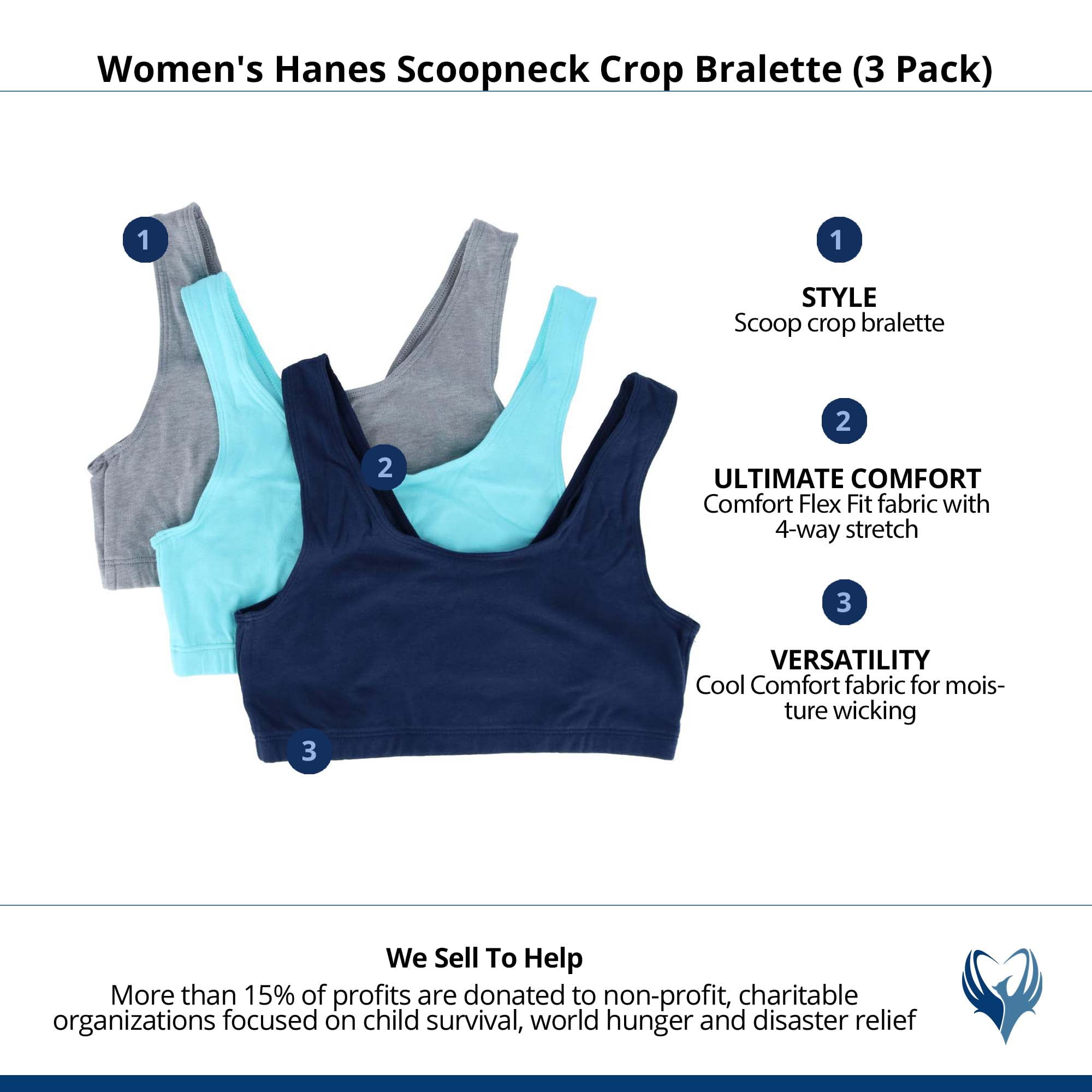 Hanes Bralette 3-Pack Women's Bra Cotton Scoopneck Crop Sports Low Impact  HFA002