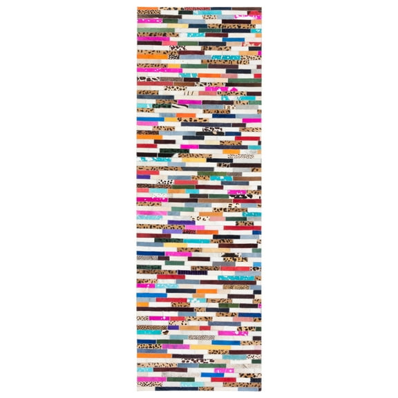 SAFAVIEH Studio Leather Asia Striped Runner Rug, Ivory/Blue, 2'3" x 7'