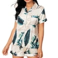 thumbnail image 4 of Conjunto de pijama de manga corta para mujer, cuello vuelto, hermoso estampado, dos piezas, top y pantalones cortos, ropa de dormir, color blanco plátano M, 4 of 6