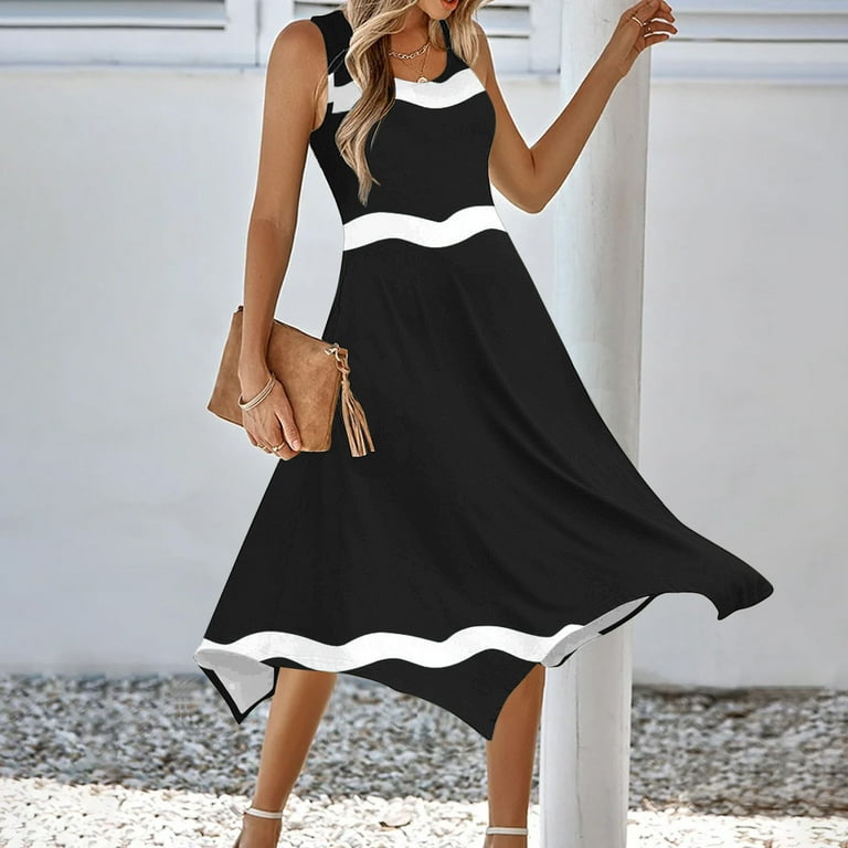 Besolor Summer Dresses for Women Printed Round Neck Sleeveless