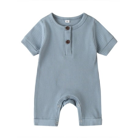 

wybzd Newborn Baby Boy Girl Summer Clothes Ribbed Knitted Short Sleeve Romper Jumpsuit Bodysuit Overalls Shorts Blue 3-6 Months
