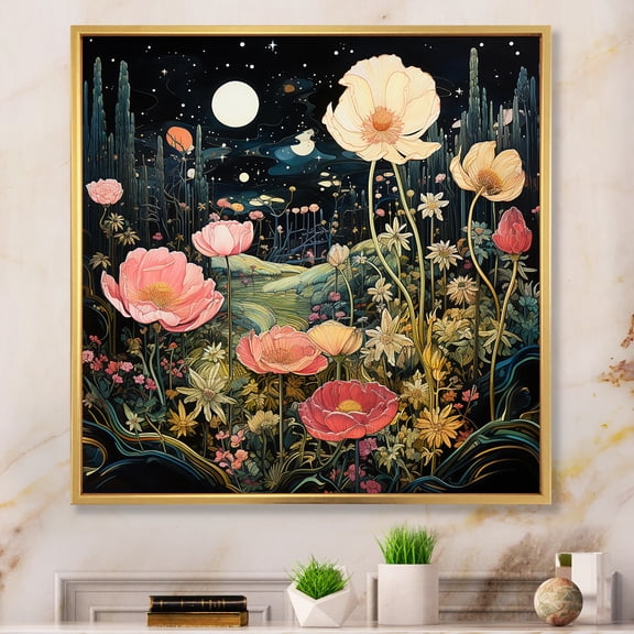 Designart "Enigmatic Pink and Green Garden Flowers I" Abstract Framed Wall Art - Transitional Pink Tachisme Entryway Framed Wall Art