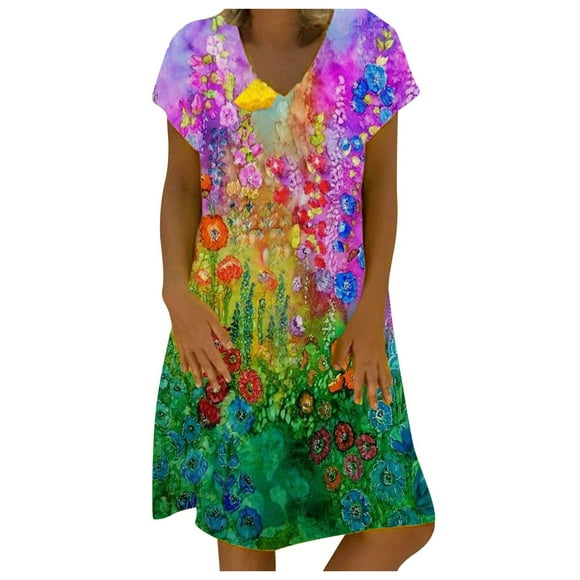 Short Sleeve Dress Women Casual Boho Print Dress V-Neck Big Swing Short Sleeve Loose Mini Dress