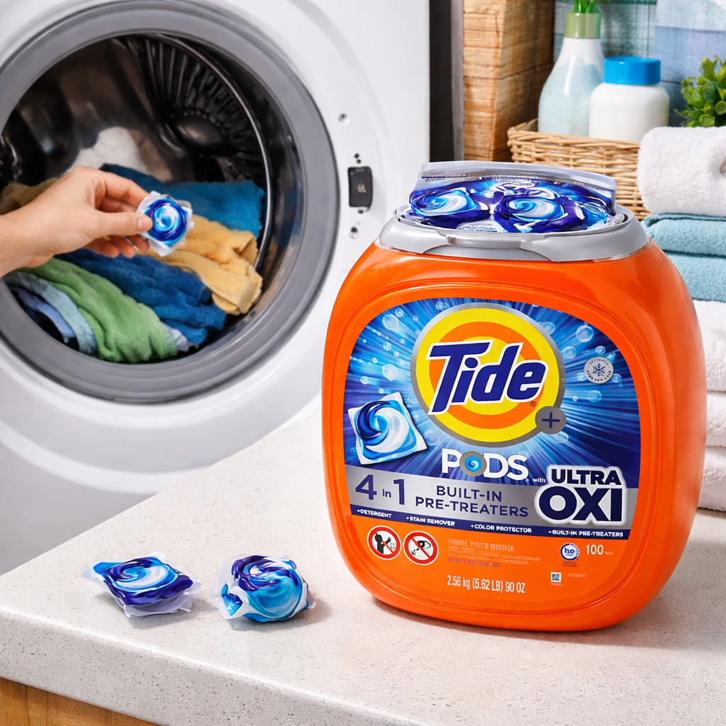Tide PODS + Ultra OXI Laundry Detergent Pacs, 4-in-1 Detergent with Built-In Pre-Treaters, HE Compatible, 100 Count
