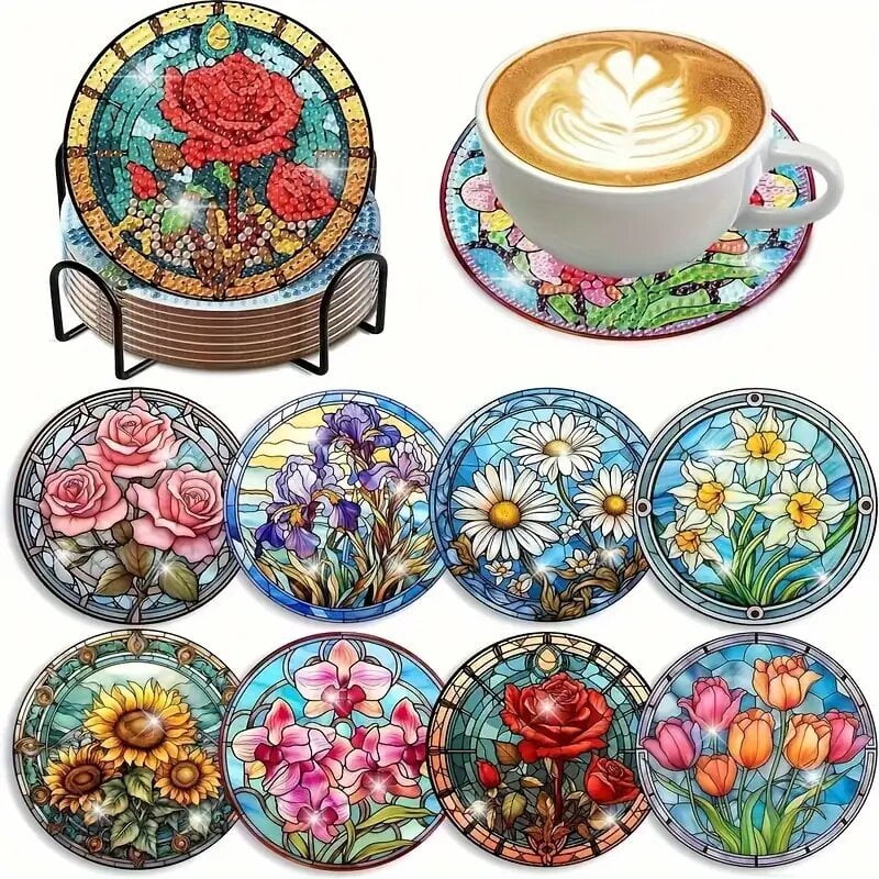 Diamond Art Coasters with Holder, Crafts Kits for DIY Coasters, Diamond Art Kits for Adults Diamond Painting Coasters Kits