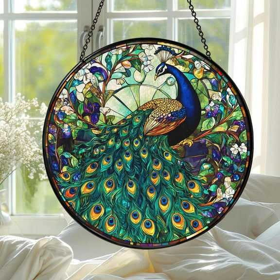 Peacock Stained Glass Window Hanging, Peacock Flowers Stained Glass Suncatcher for Window Hanging Wall Decor Art Gift for Peacock Lovers